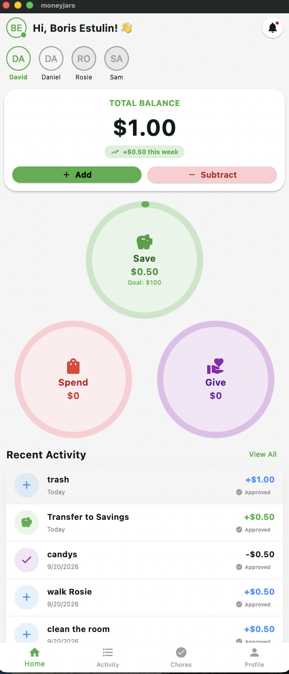 MoneyJars home screen with Save, Spend and Give jars